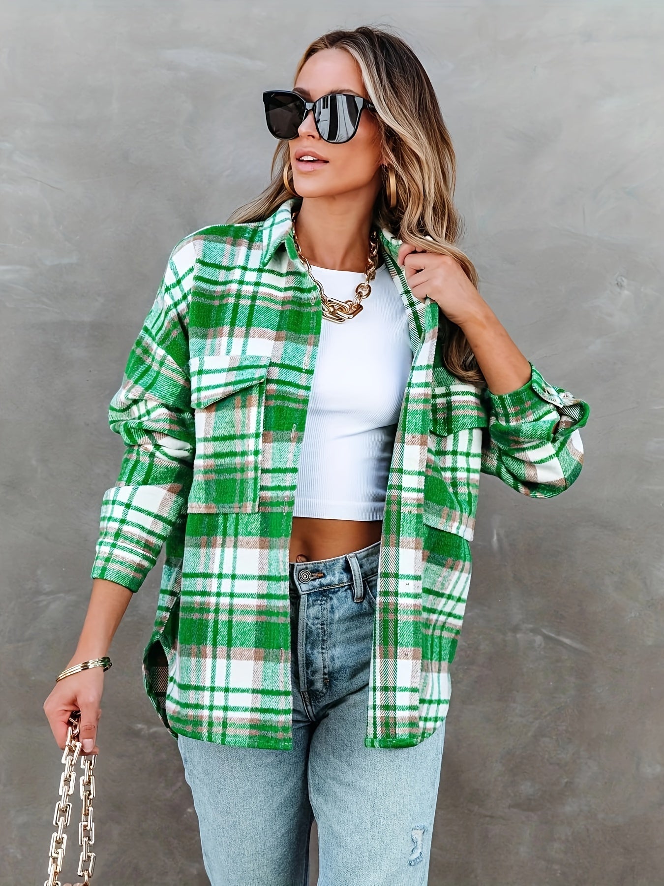 gbolsos  Plaid Button Front Jacket, Casual Lapel Long Sleeve Jacket For Spring & Fall, Women's Clothing