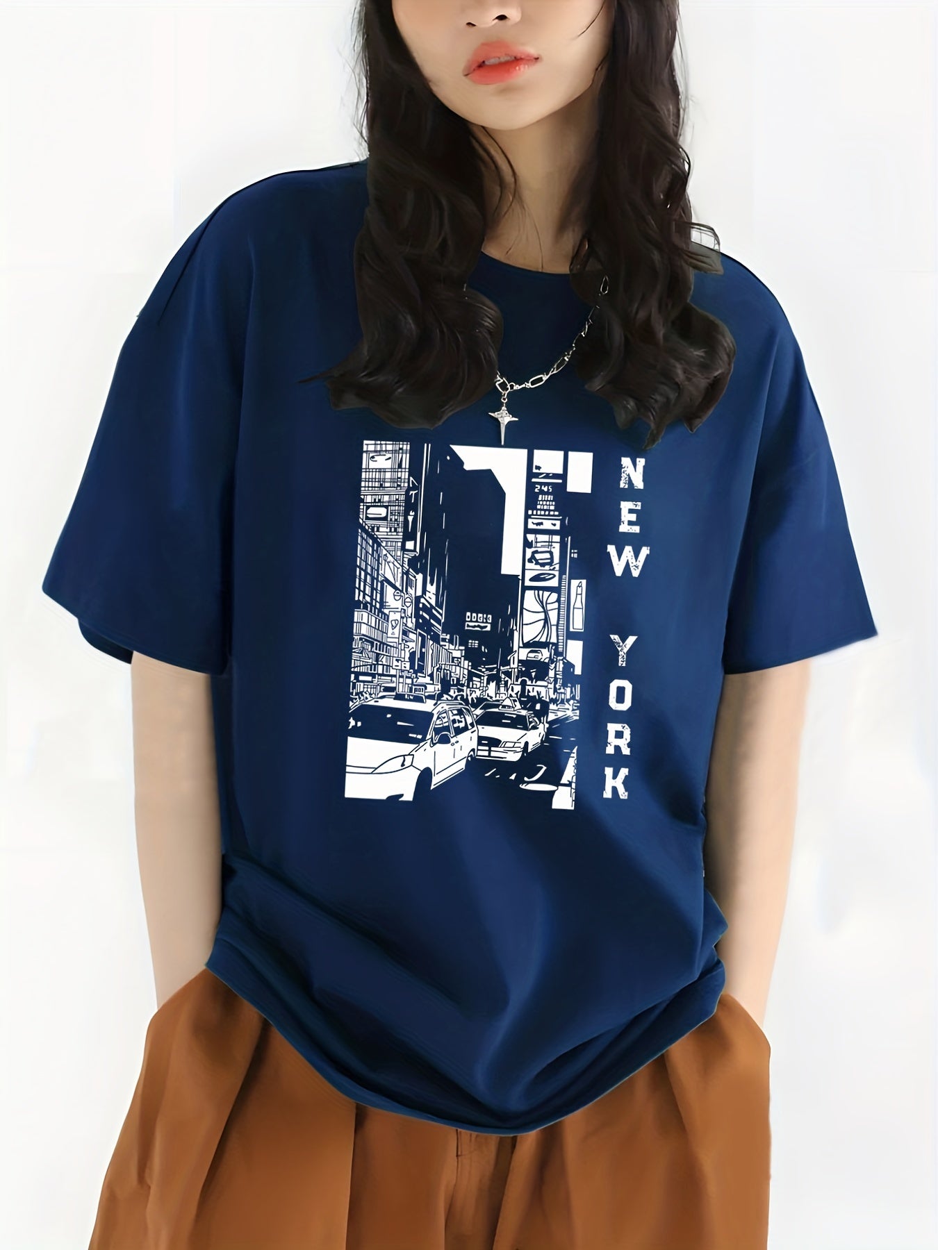 gbolsos  City View & New York Letter Print Crew Neck Casual T-Shirt, Solid Color Short Sleeve Fashion Pullover Top, Women's Clothing