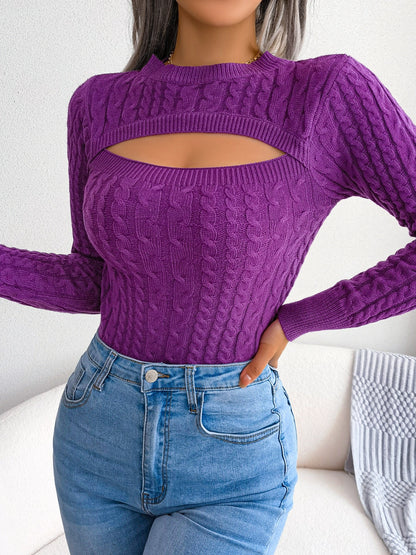 Hollow Twist Knit Sweater Casual Solid Crew Neck Slim Long Sleeve Bottoming Fall Winter Sweater Women's Clothing