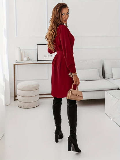 gbolsos  Button Shirt Dress With Belt, Elegant Long Sleeve Dress For Spring & Fall, Women's Clothing