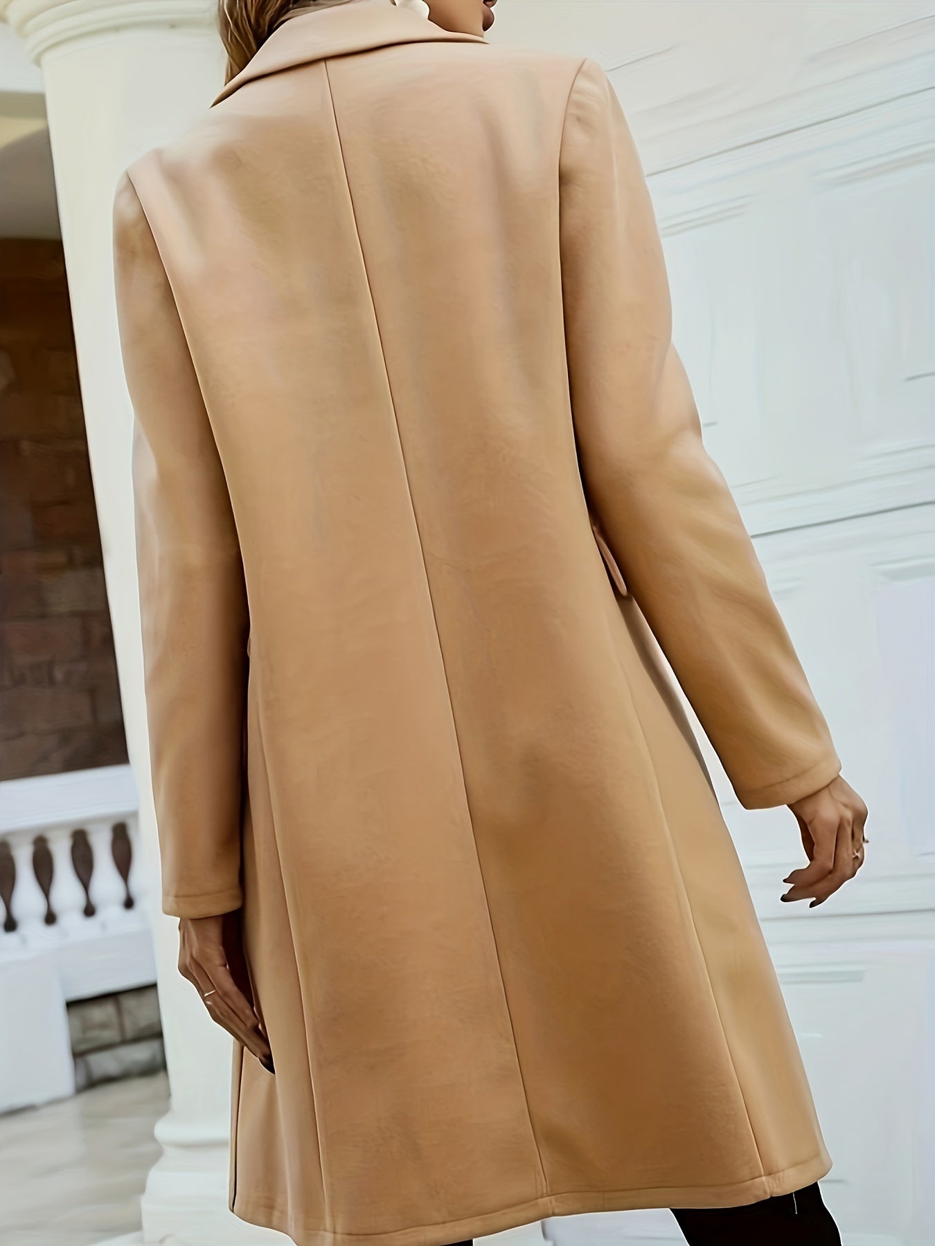 Plus Size Elegant Coat, Women's Plus Solid Long Sleeve Double Breast Button Lapel Collar Longline Coat