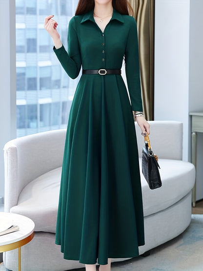 gbolsos  Solid Buttons Dress, Vintage High Waist Long Sleeve Pleated Dress, Women's Clothing