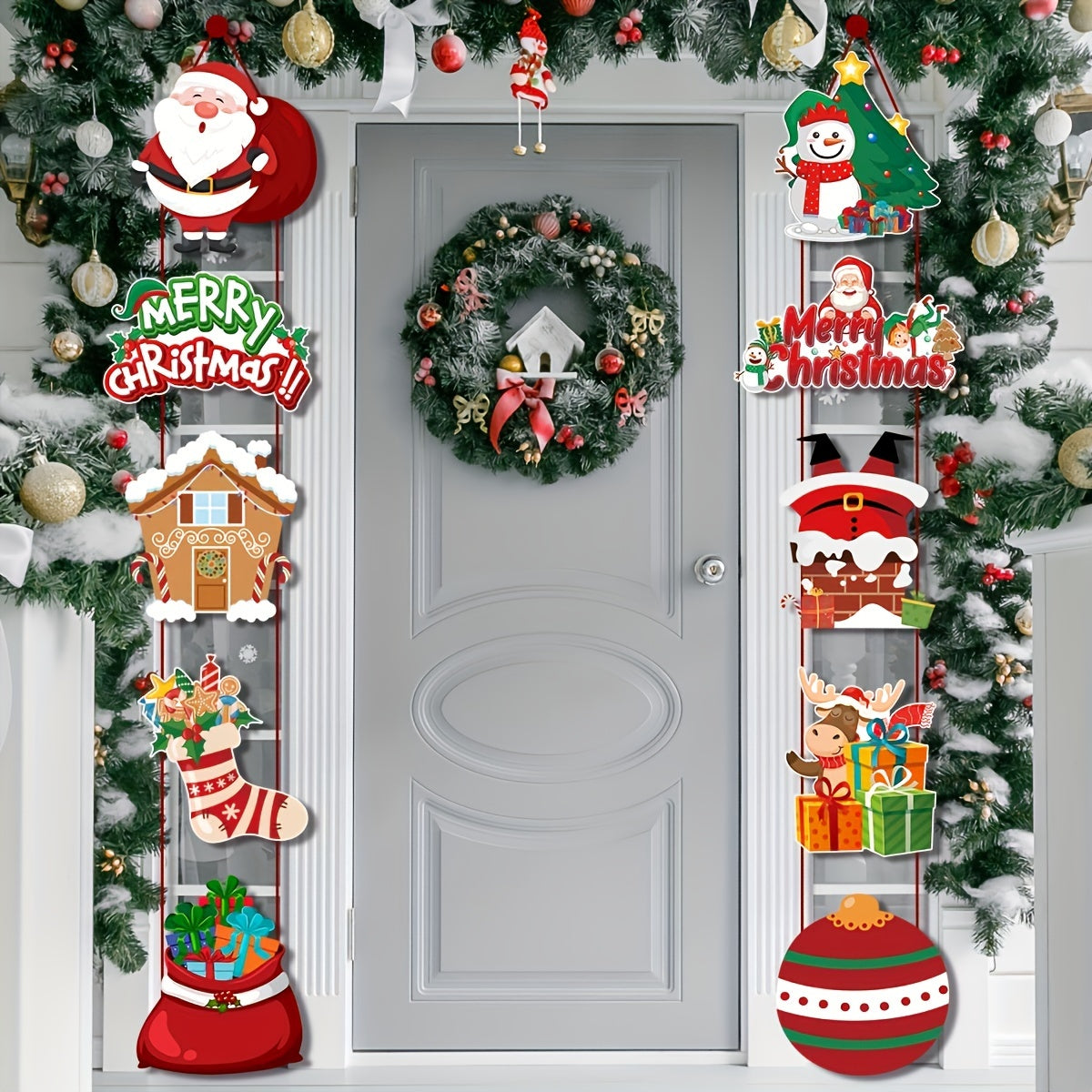 10pcs Christmas Party Decor Set - Festive Snowman & Socks Door Hangings, Polyester, No Batteries Required