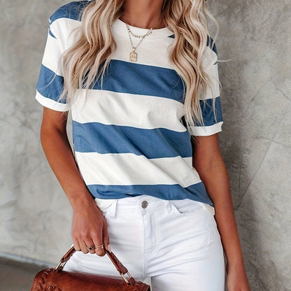 gbolsos  Short Sleeve Striped T-Shirt, Crew Neck Casual Top For Summer & Spring, Women's Clothing