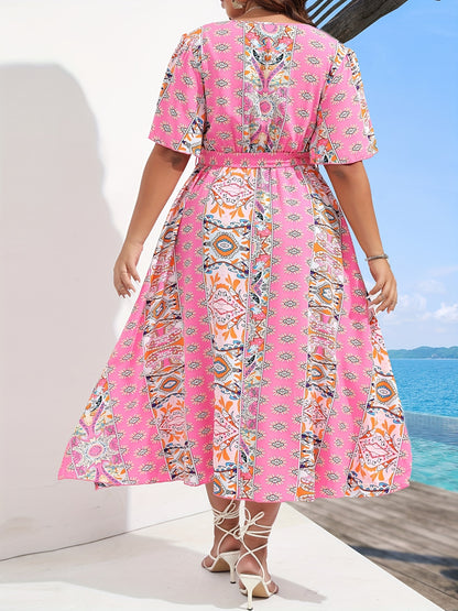 gbolsos  Plus Size Boho Dress, Women's Plus Random Print Flutter Sleeve Surplice Neck Maxi Dress With Belt