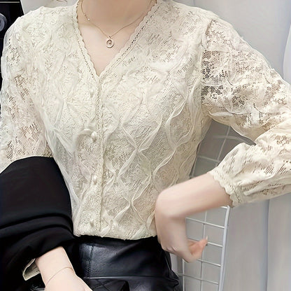 Lace V Neck Button Front Blouse, Elegant Long Sleeve Blouse For Spring & Fall, Women's Clothing