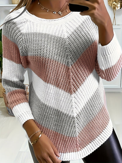 Striped Pattern Crew Neck Pullover Sweater, Casual Long Sleeve Sweater For Fall & Winter, Women's Clothing