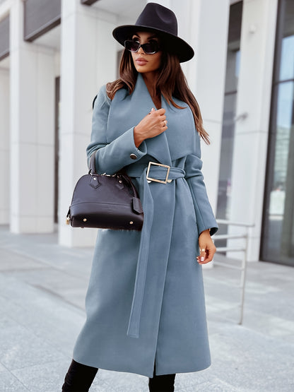 gbolsos  Elegant Lapel Belt Long Coat, Casual Long Sleeve V-neck Fashion Loose Fall Winter Long Outerwear, Women's Clothing