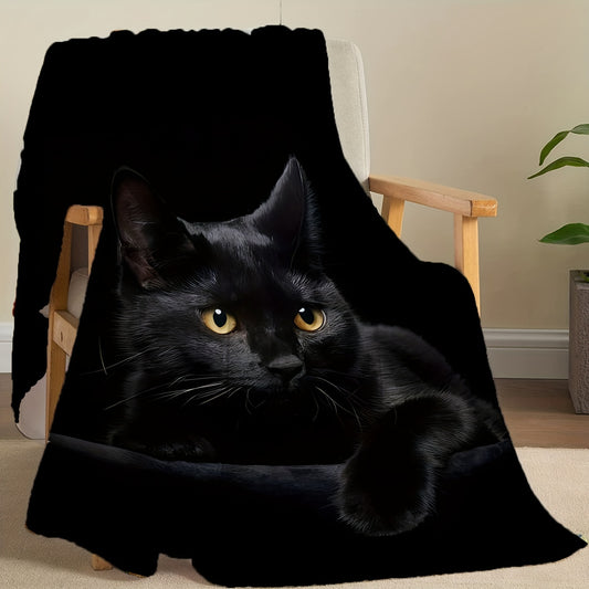 1pc Black Cat Fleece Throw Blanket, Digital Print Flannel For Air Conditioning, Soft And Cozy, Pet Lovers Home Decor For Halloween