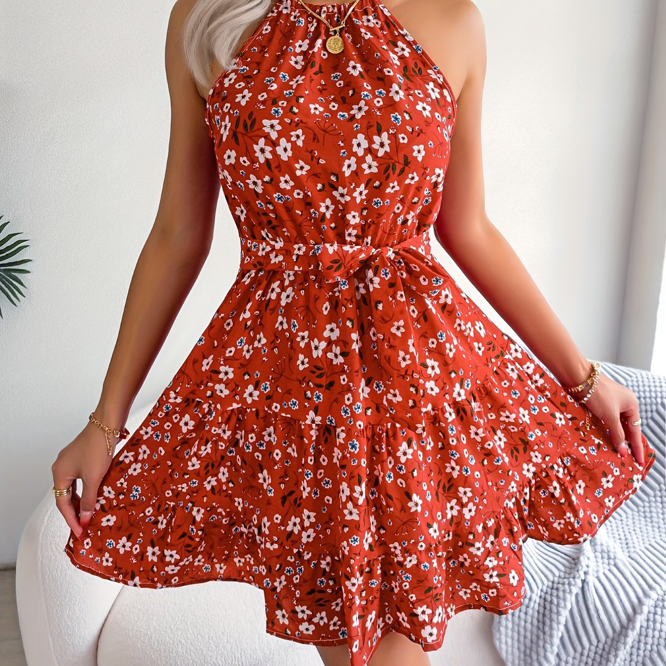 Floral Print Belted Beach Dress, Sleeveless Casual Vacation Dress For Summer & Spring, Women's Clothing