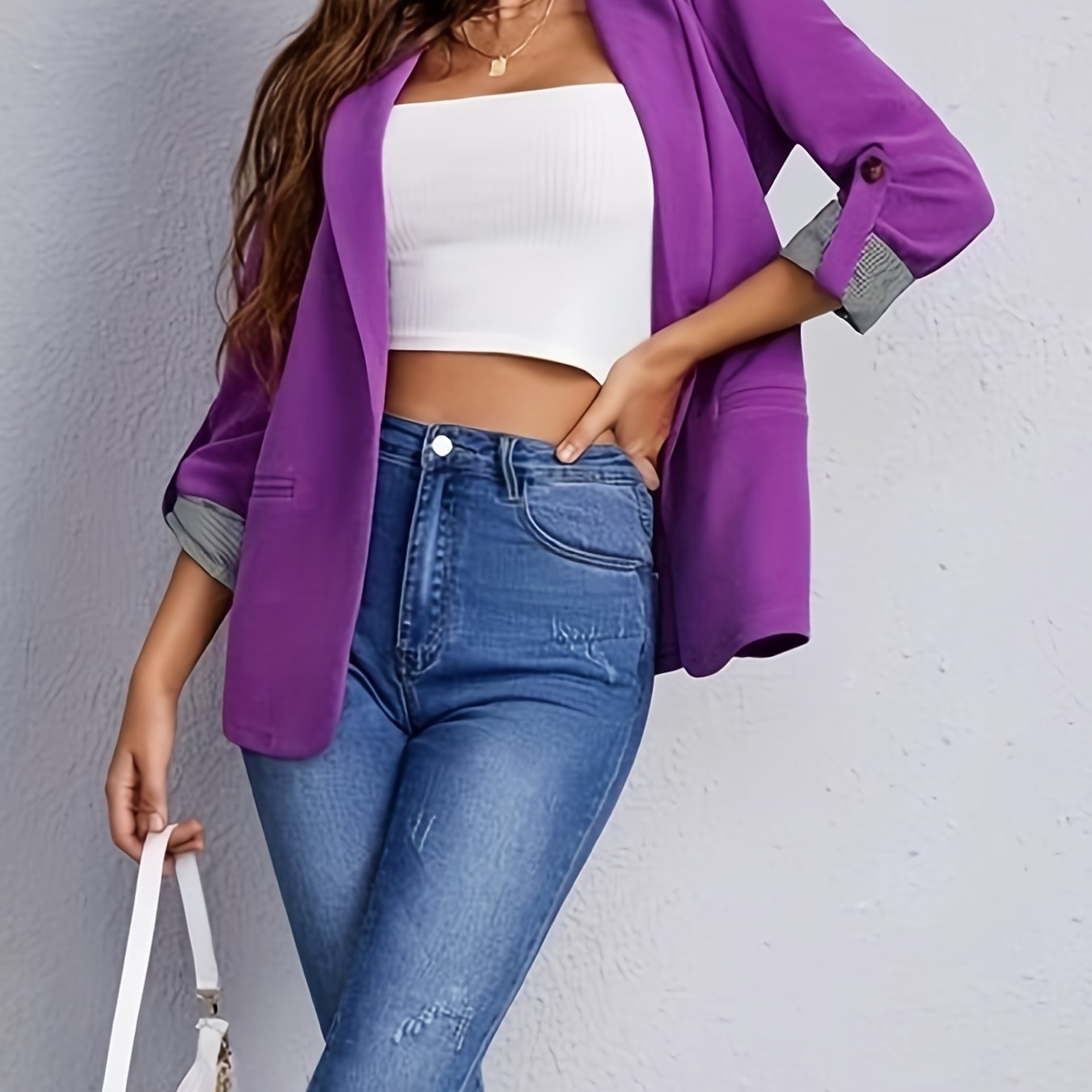 gbolsos  V-neck Pocket Basic Blazer Coat, Casual Long Sleeve Fashion Loose Blazer Outerwear, Women's Clothing