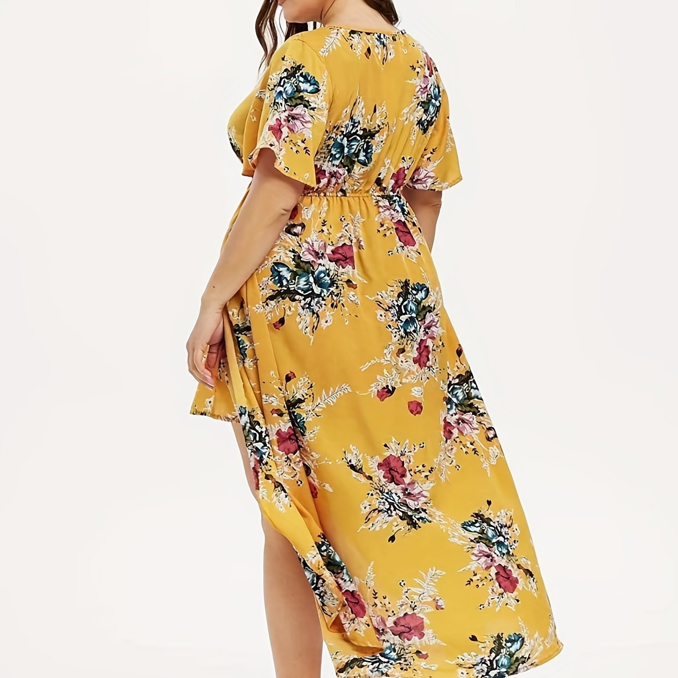 Plus Size Elegant Dress, Women's Plus Floral Print Short Sleeve V Neck Layered Hem Dress