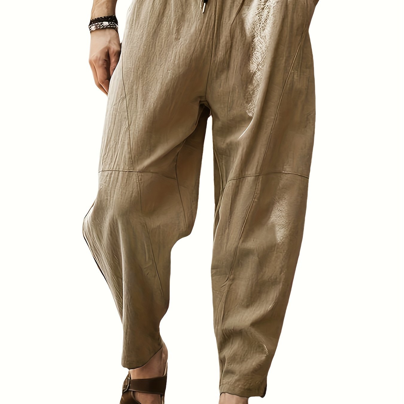 gbolsos Breathable Baggy Loose Fit Pants, Men's Casual Solid Color Cotton Blend Drawstring Pants For Spring Summer