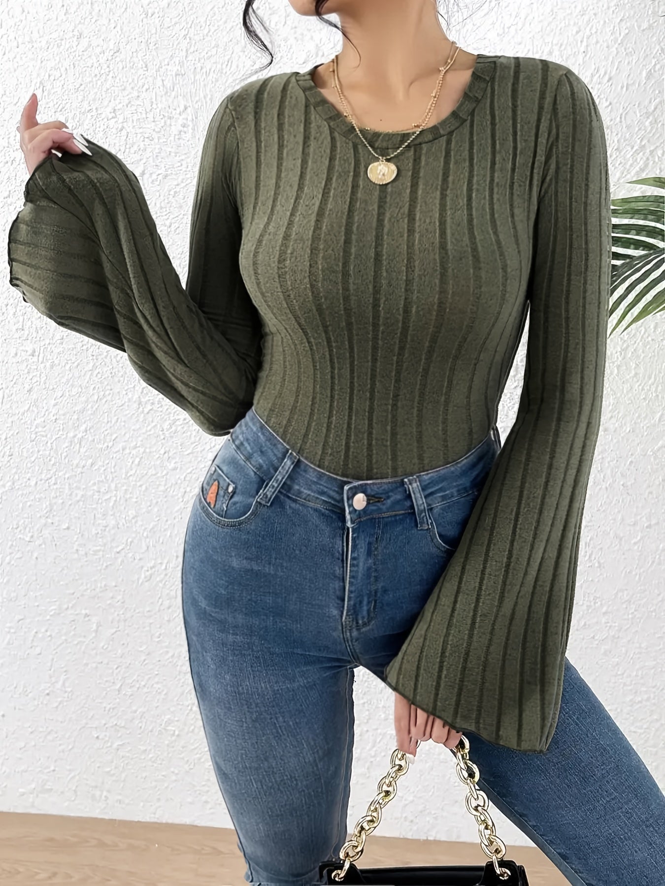 gbolsos  Ribbed Knit Flared Sleeve T-Shirt, Casual Lettuce Trim Top For Spring & Fall, Women's Clothing