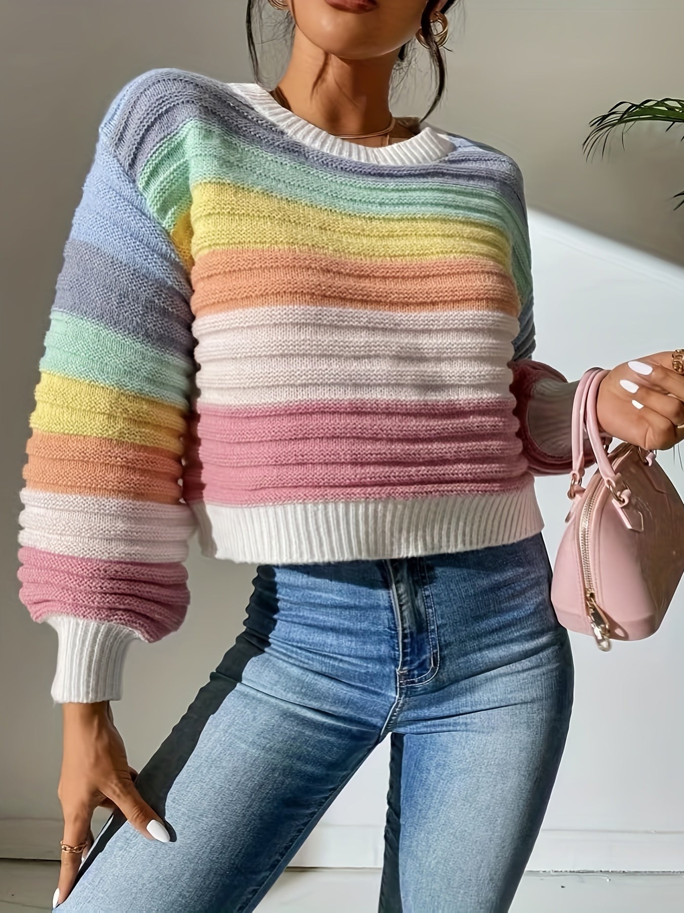 gbolsos  Striped Pattern Crew Neck Sweater, Casual Long Lantern Sleeve Sweater For Spring & Fall, Women's Clothing