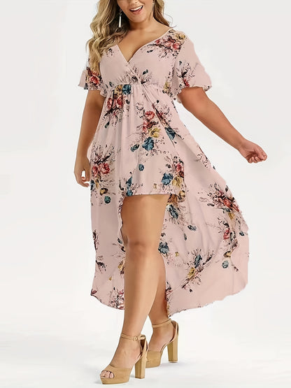 Plus Size Elegant Dress, Women's Plus Floral Print Short Sleeve V Neck Layered Hem Dress