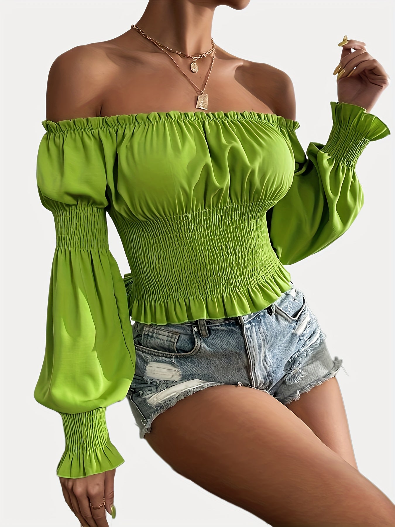 gbolsos  Lettuce Trim Off Shoulder Blouse, Sexy Solid Puff Sleeve Shirred Blouse, Women's Clothing