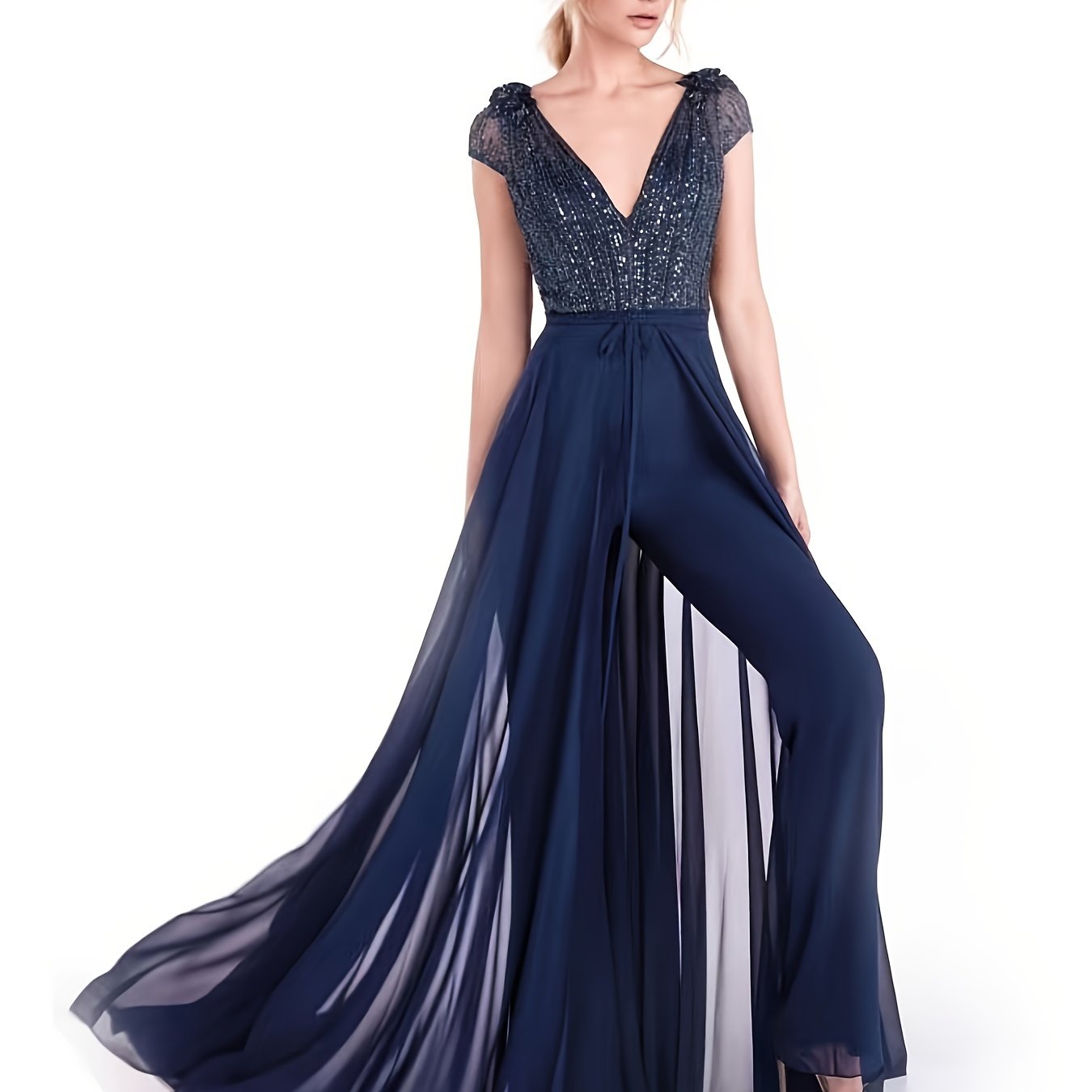 gbolsos  V Neck Jumpsuit With Overskirt, Banquet Evening Jumpsuit, Women's Clothing