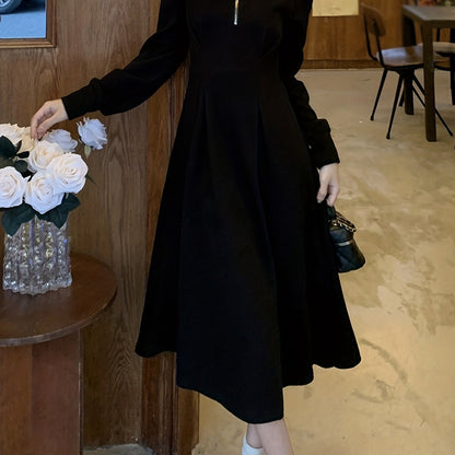 Zipper Midi Dress, Casual Solid Long Sleeve A Line Dress, Women's Clothing