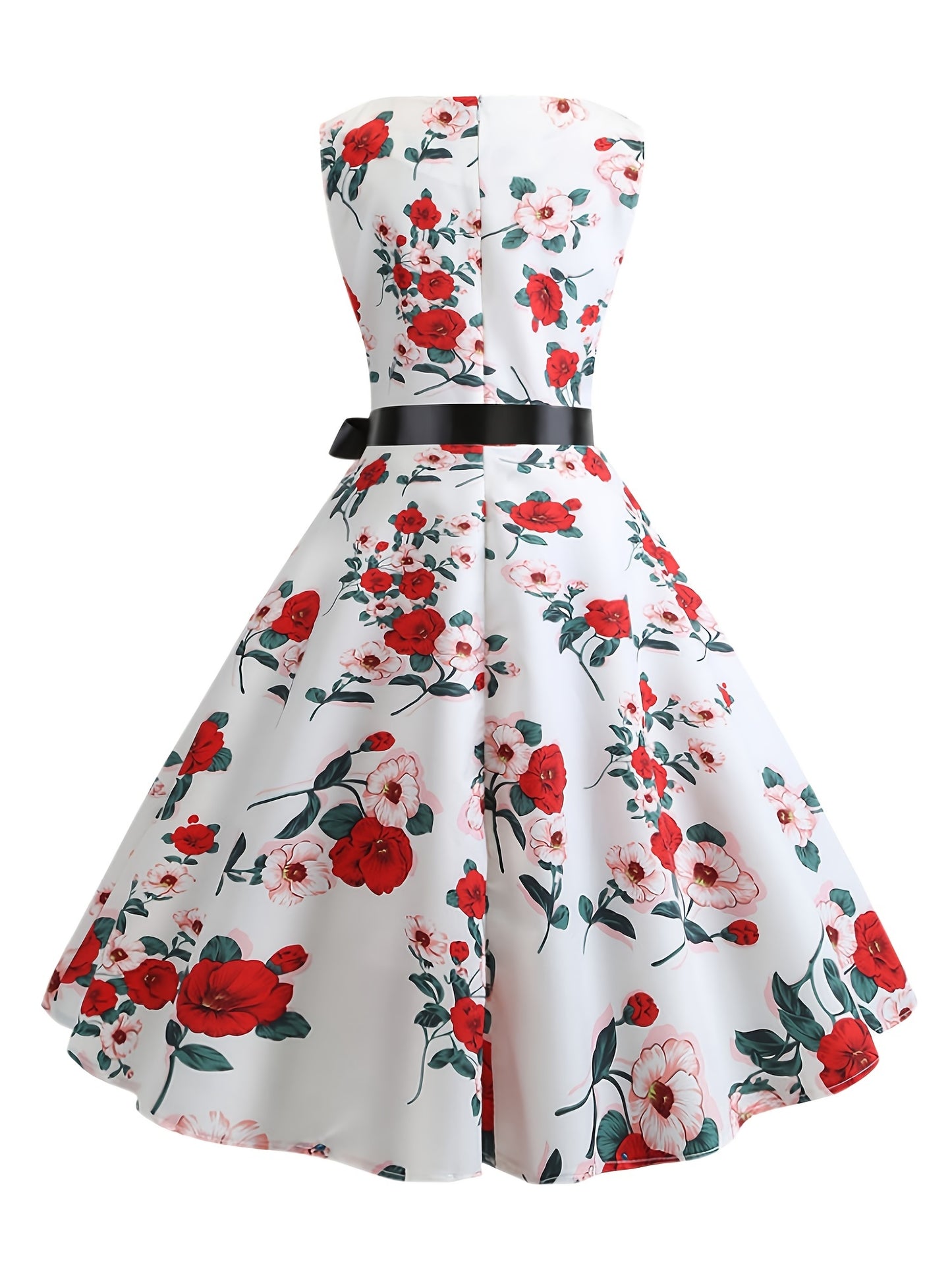 Floral Print Tank Dress, Vintage Slim Waist Pleated A Line Dress, Women's Clothing