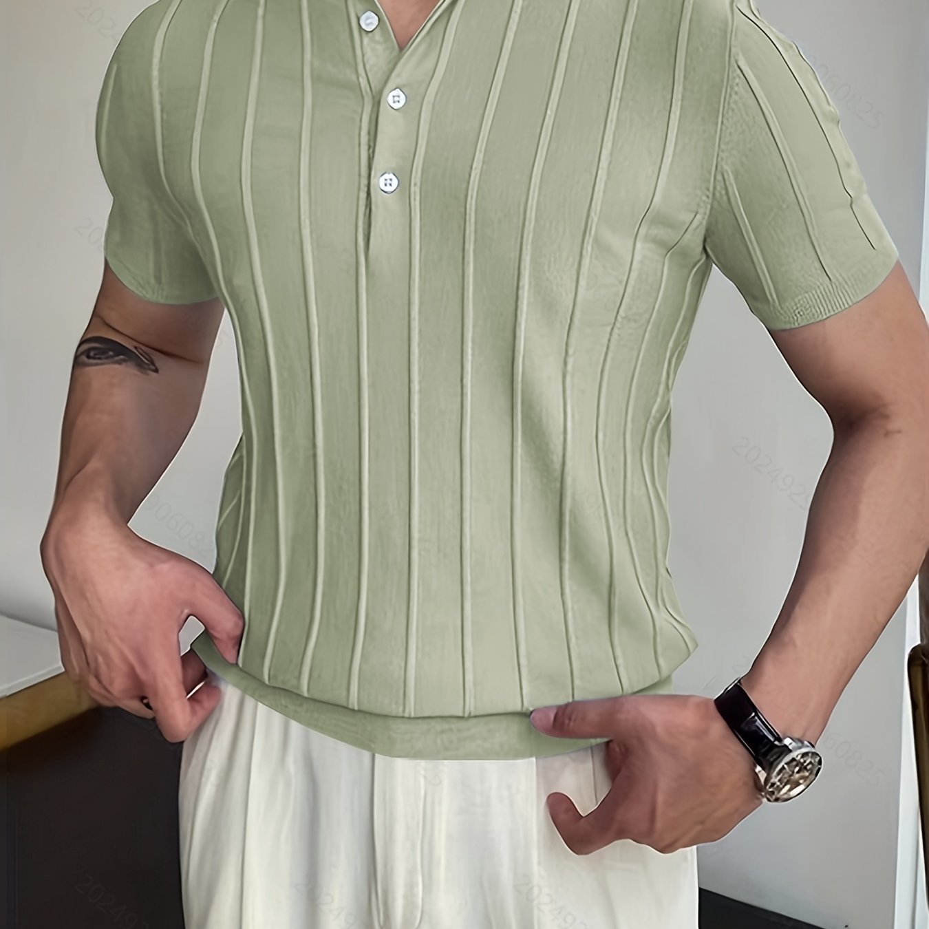 gbolsos  Vertical Striped Chic Polo Shirt, Men's Casual Solid Color High Stretch V-Neck Pullover Sweater For Summer