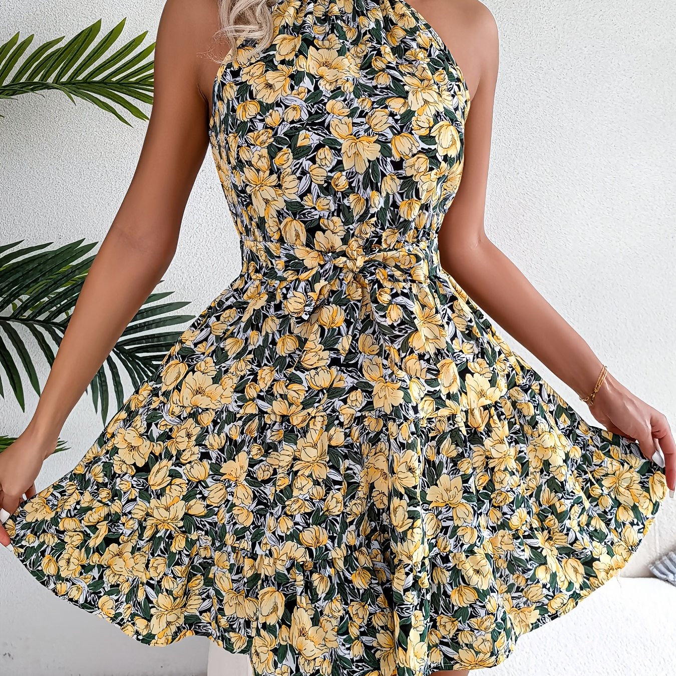 Floral Print Belted Beach Dress, Sleeveless Casual Vacation Dress For Summer & Spring, Women's Clothing