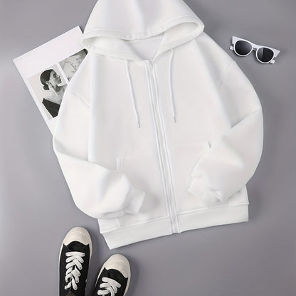 Zip Up Drawstring Hoodie, Pocket Casual Hooded Sweatshirt For Winter & Fall, Women's Clothing