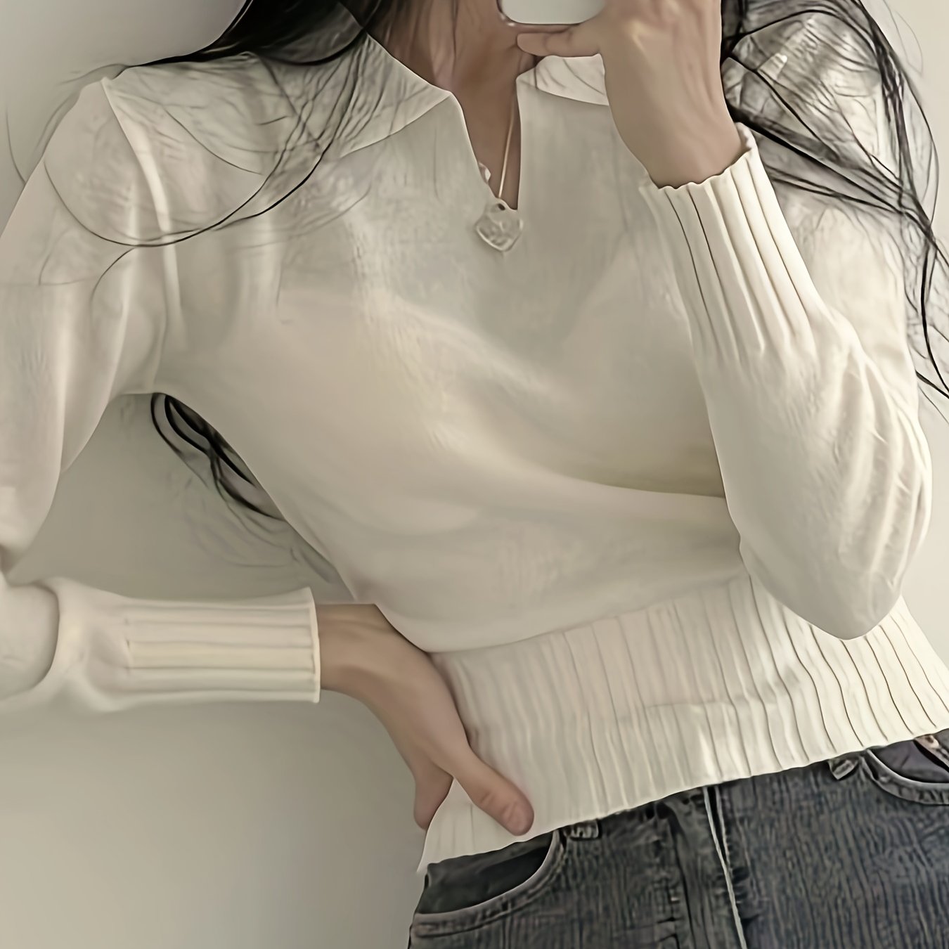 Solid Notched  Collar Pullover Sweater, Casual Long Sleeve Crop Sweater For Spring & Fall, Women's Clothing