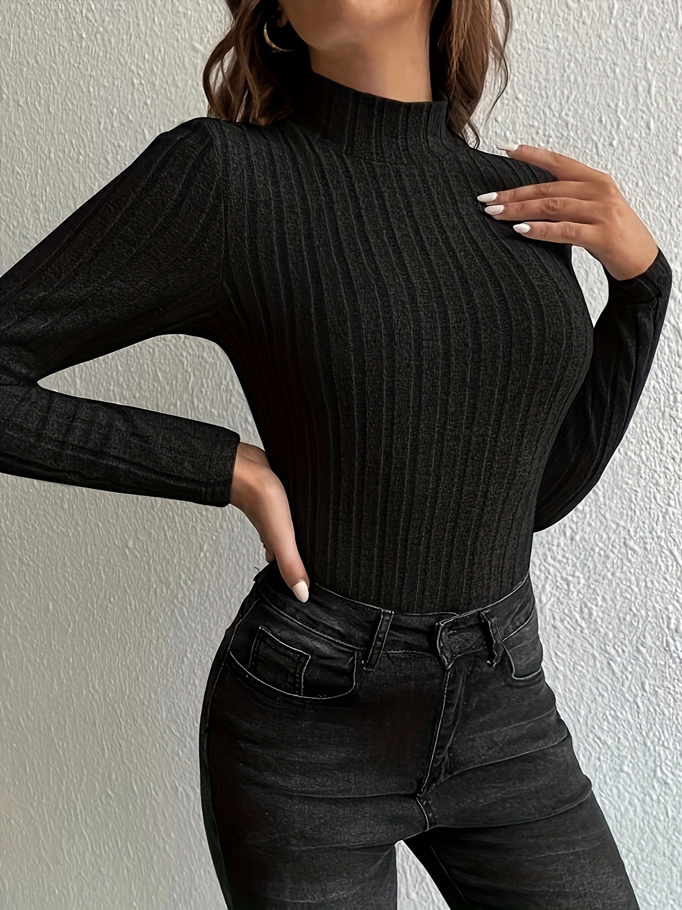 gbolsos  Solid Turtleneck Knit Top, Elegant Slim Long Sleeve Sweater For Spring & Fall, Women's Clothing