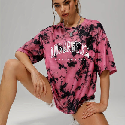 gbolsos  Tie Dye & Letter Graphic Tee, Casual Loose Crew Neck T-shirts, Women's Clothing