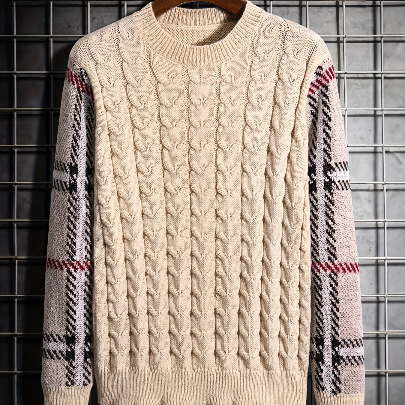 gbolsos  Crew Neck Knitted Sweater, Men's Casual Warm Color Block Plaid Sleeves Slightly Stretch Pullover Sweater For Fall Winter