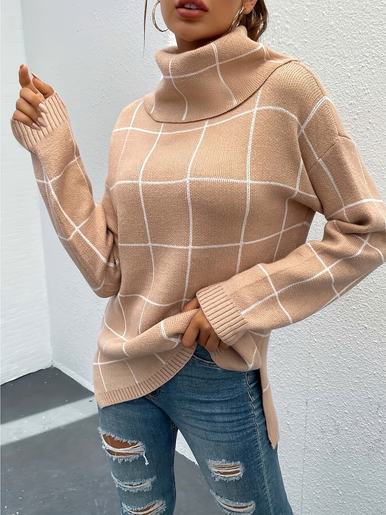 Plaid Pattern Turtleneck Knitted Pullover Top, Casual Long Sleeve Sweater For Fall & Winter, Women's Clothing