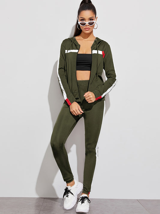 Casual 2pc Set, Zip Up Hoodies Sweatshirt & High Waist Side Striped Sweatpants, Women's Clothing