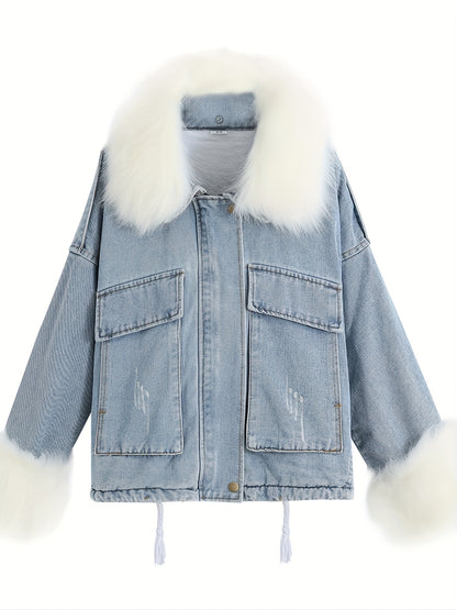 gbolsos  Fluffy Plush Collar & Cuffs Winter Warm Fur Fleece Coat, Extra Large Square Pockets Drawstring Hem Denim Jacket, Women's Denim Jackets