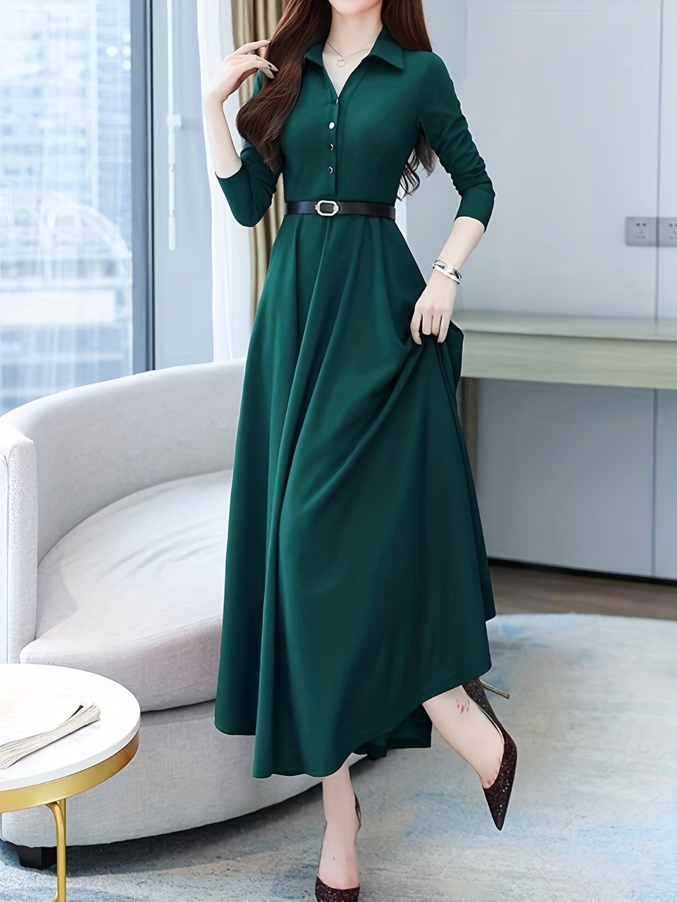 gbolsos  Solid Buttons Dress, Vintage High Waist Long Sleeve Pleated Dress, Women's Clothing