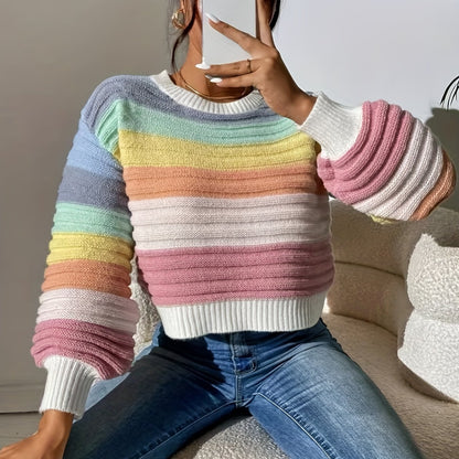 gbolsos  Striped Pattern Crew Neck Sweater, Casual Long Lantern Sleeve Sweater For Spring & Fall, Women's Clothing