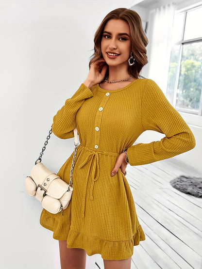 Ruffle Hem Button Front Dress, Casual Long Sleeve Crew Neck Drawstring Dress, Women's Clothing