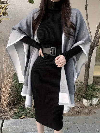 Rib Knit Sweater Dress, Casual High Neck Long Sleeve Bodycon Dress, Women's Clothing