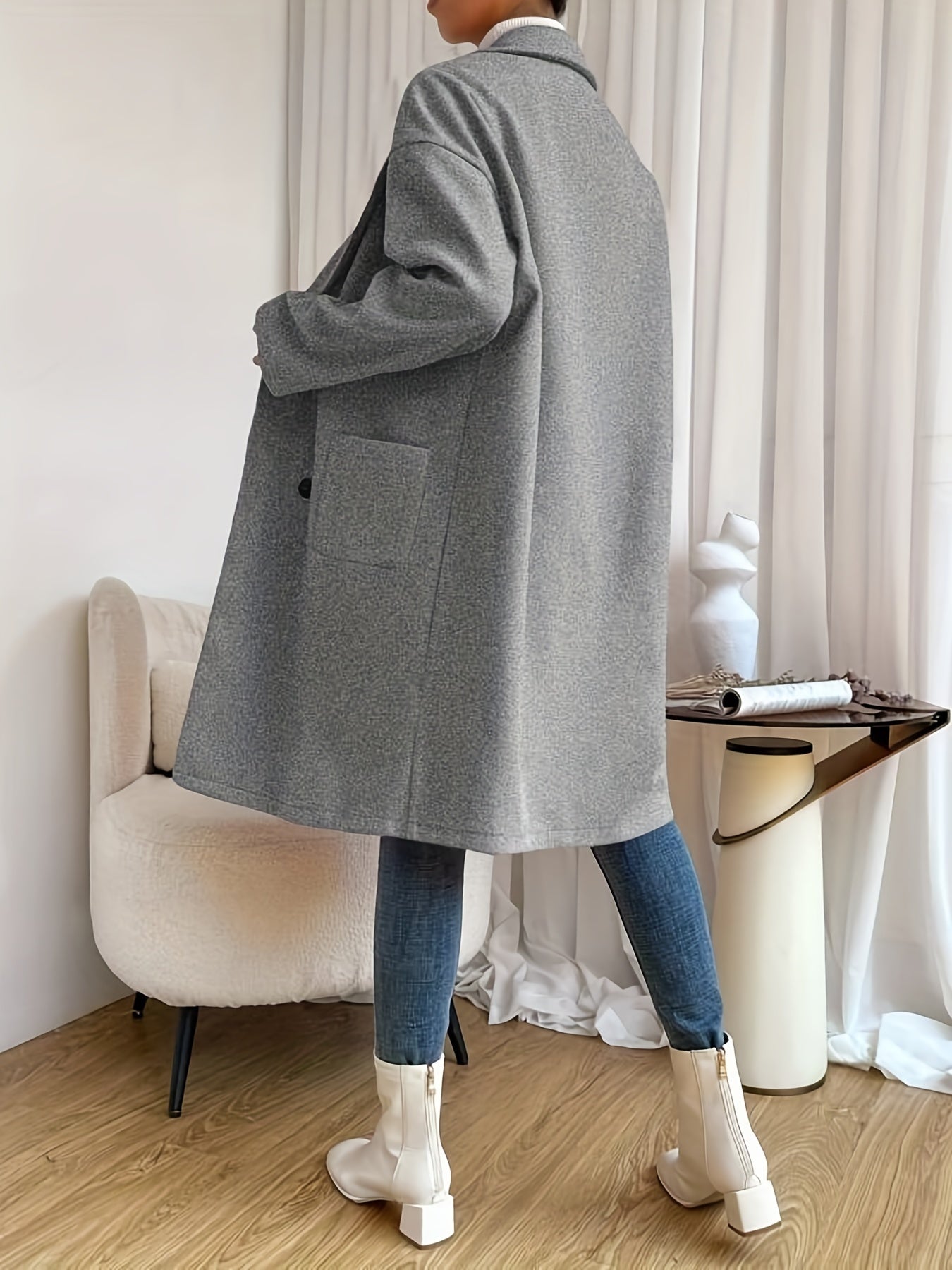 gbolsos  Double Breasted Lapel Overcoat, Casual Long Sleeve Pockets Overcoat For Fall & Winter, Women's Clothing