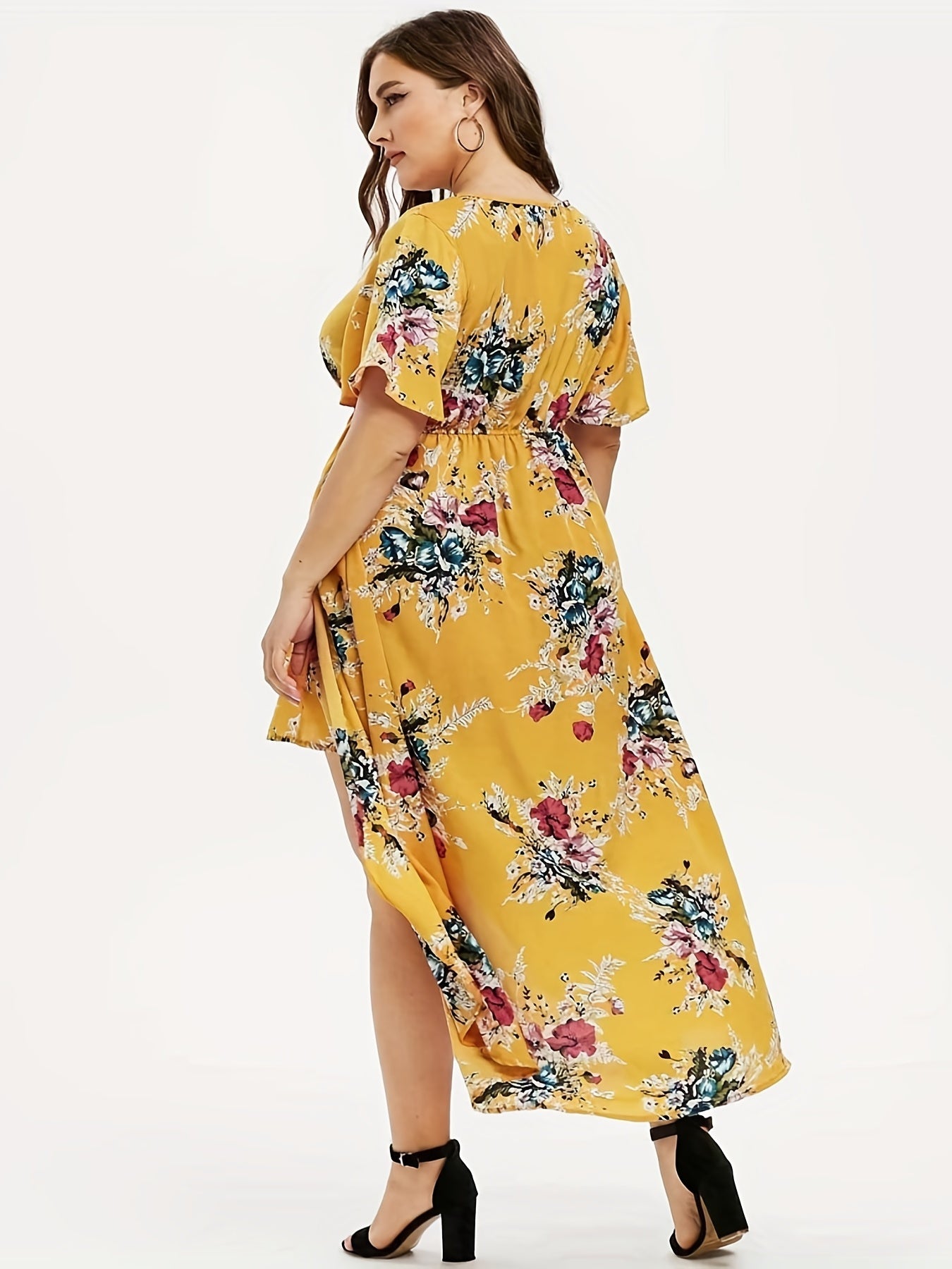 Plus Size Elegant Dress, Women's Plus Floral Print Short Sleeve V Neck Layered Hem Dress