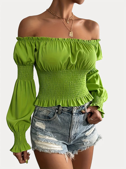 gbolsos  Lettuce Trim Off Shoulder Blouse, Sexy Solid Puff Sleeve Shirred Blouse, Women's Clothing