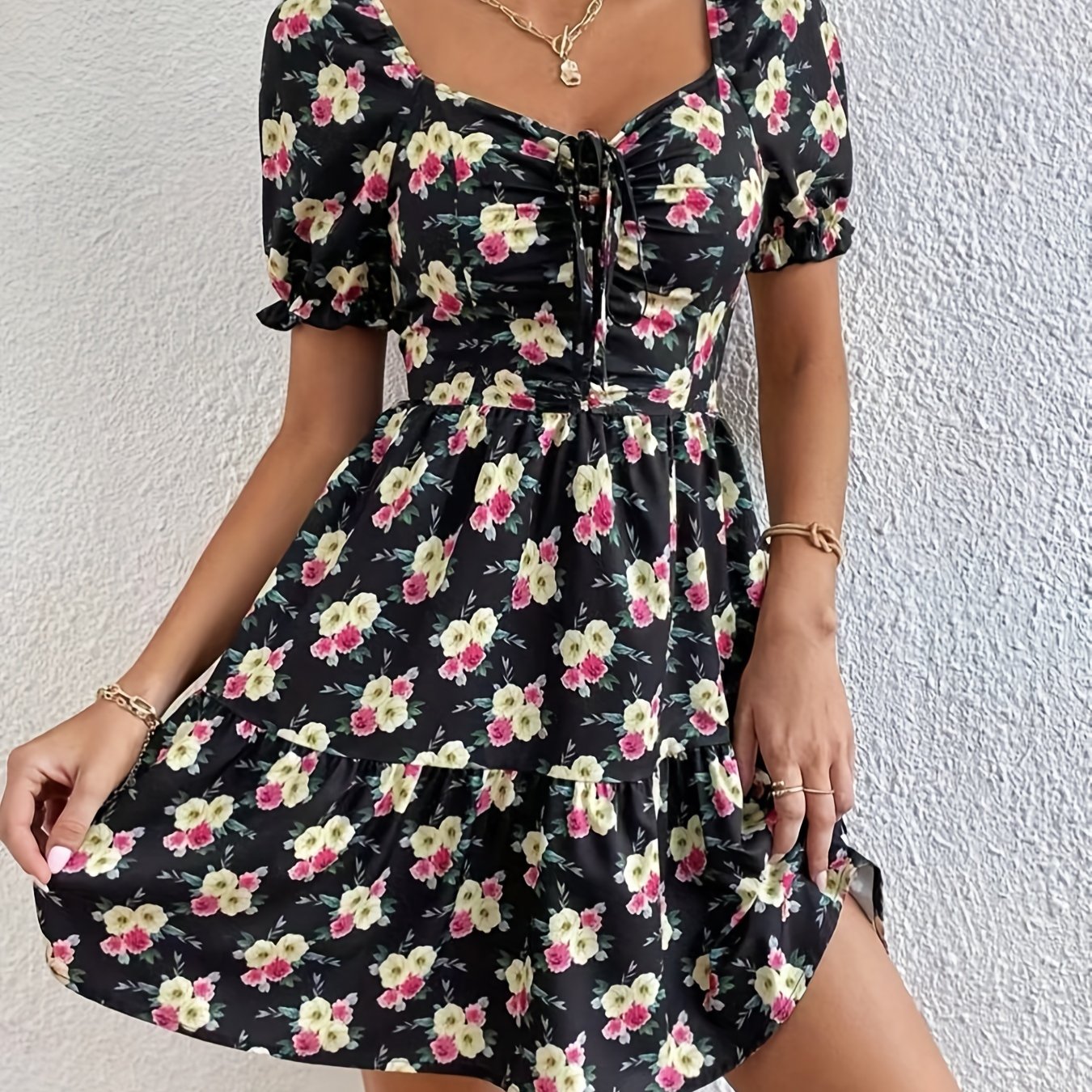 gbolsos  Floral Print Drawstring Ruched Dress, Sexy Short Sleeve Dress For Spring & Summer, Women's Clothing