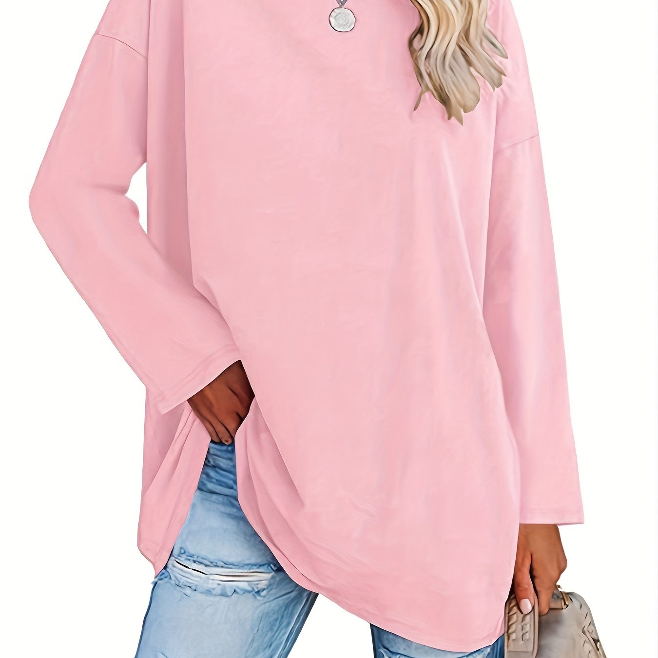 Basic Loose Solid T-Shirt, Casual Long Sleeve Crew Neck T-Shirt, Casual Every Day Tops, Women's Clothing