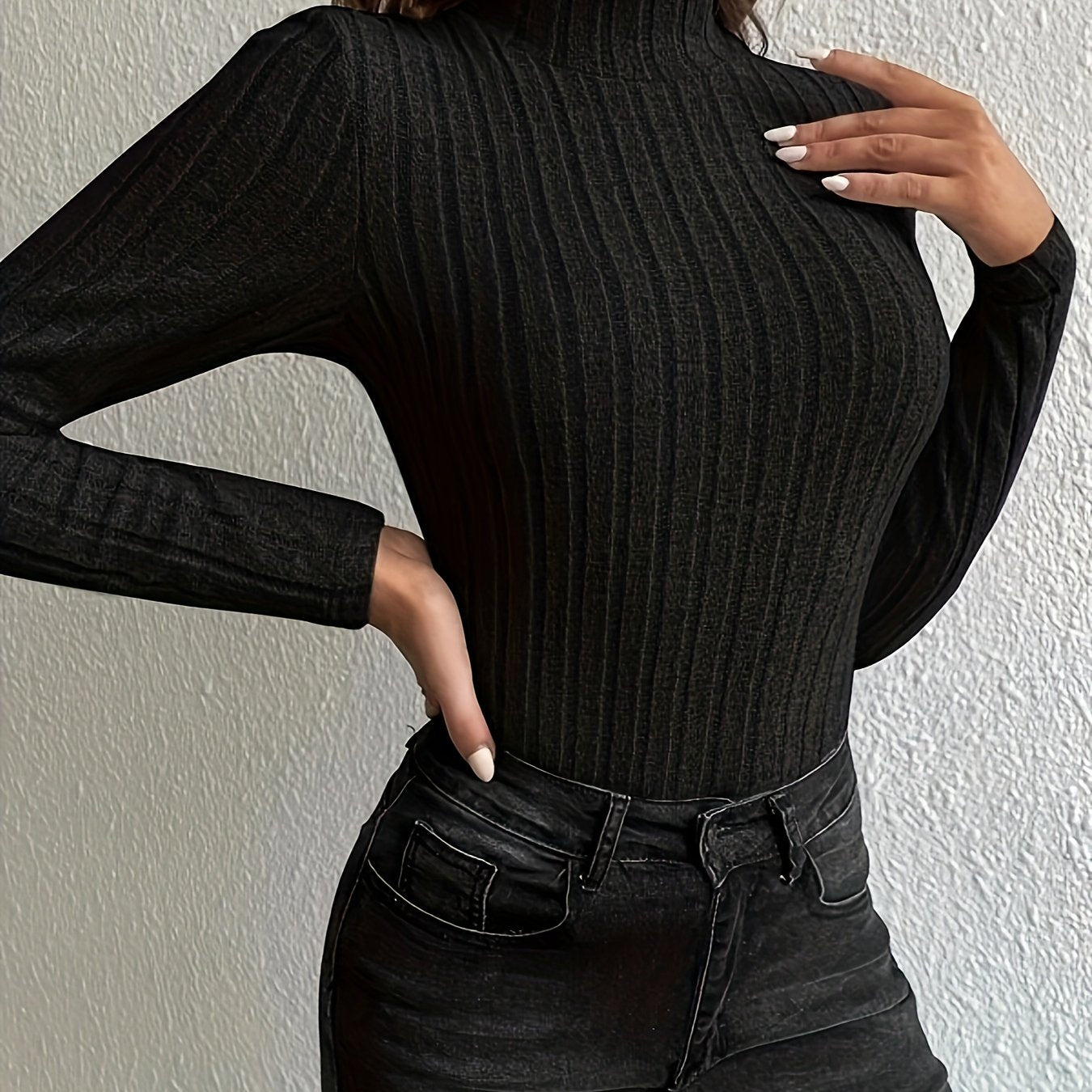 gbolsos  Solid Turtleneck Knit Top, Elegant Slim Long Sleeve Sweater For Spring & Fall, Women's Clothing