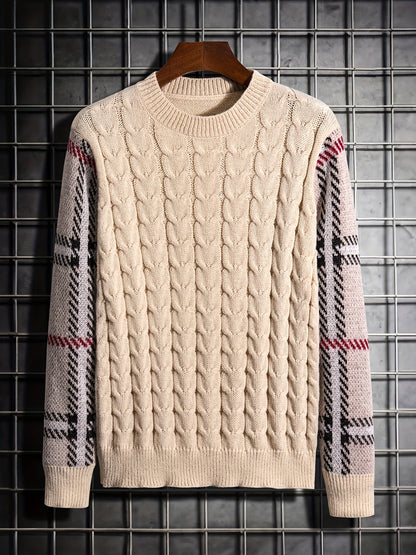 gbolsos  Crew Neck Knitted Sweater, Men's Casual Warm Color Block Plaid Sleeves Slightly Stretch Pullover Sweater For Fall Winter