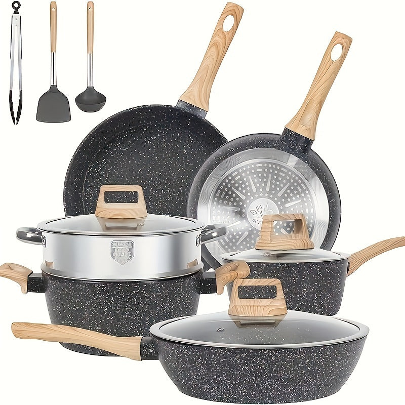 12 POTS and pans Set, Non-stick Cookware Set, Induction Cookware Non-stick Granite Cooking Set, including frying pan, pan, steamer, silicone spatula and tongs (white)