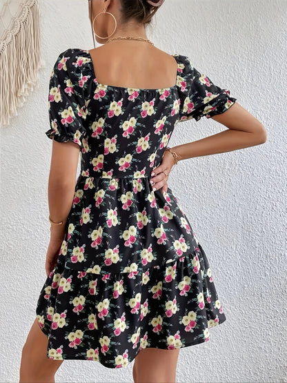 gbolsos  Floral Print Drawstring Ruched Dress, Sexy Short Sleeve Dress For Spring & Summer, Women's Clothing