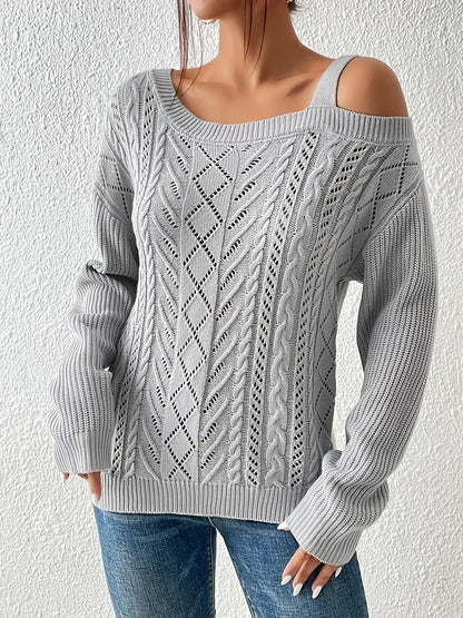 Solid Cold Shoulder Pointelle Knit Sweater, Casual Long Sleeve Sweater For Spring & Fall, Women's Clothing