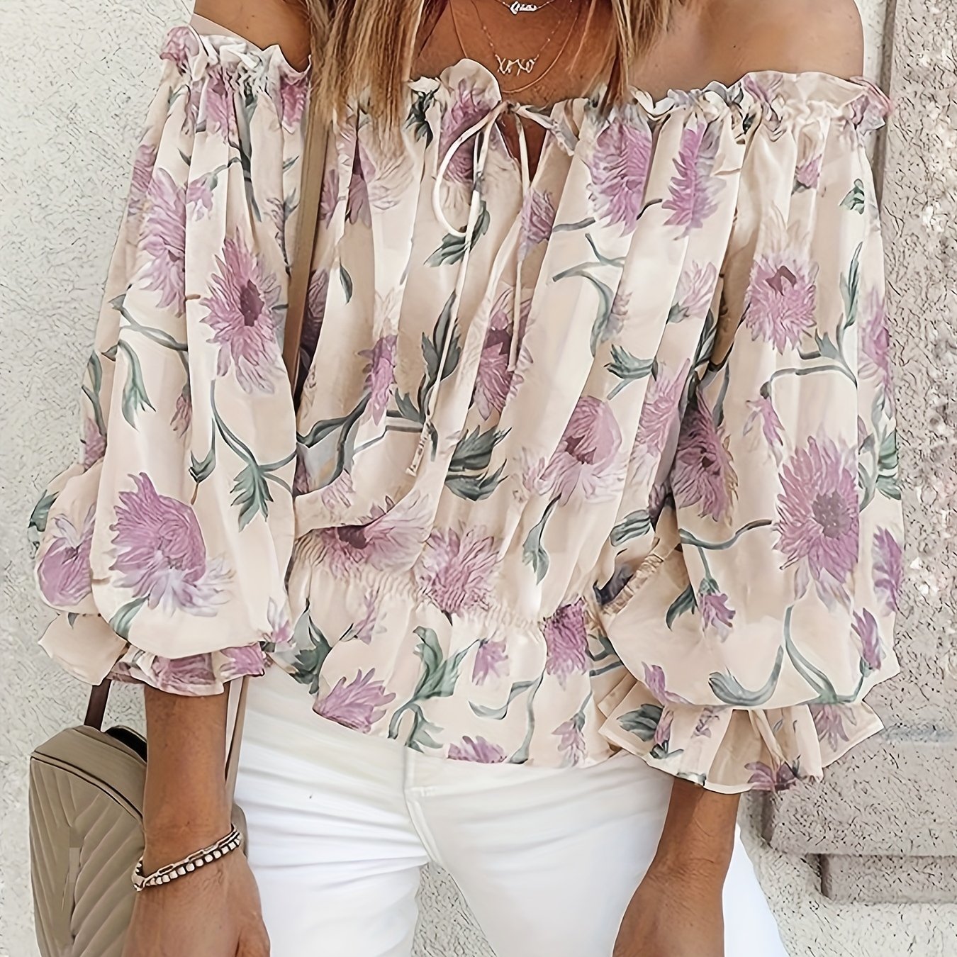 gbolsos  Off Shoulder Floral Print Blouse, Casual Ruffle Trim Blouse, Women's Clothing