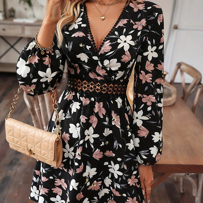 gbolsos  Floral Print Surplice Neck Dress, Elegant Long Sleeve A Line Dress, Women's Clothing